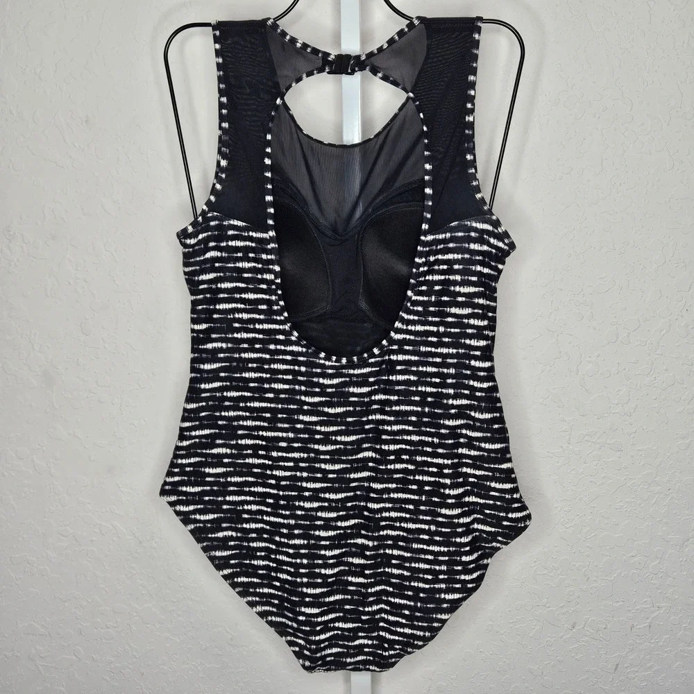 Niptuck Swim Womens Black White Ikat Mesh High Neck One Piece Swimsuit Multi Fit